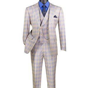 Luxurious Men's Modern-Fit, 3-Piece Windowpane Suit with Stretch Fabric-Blue